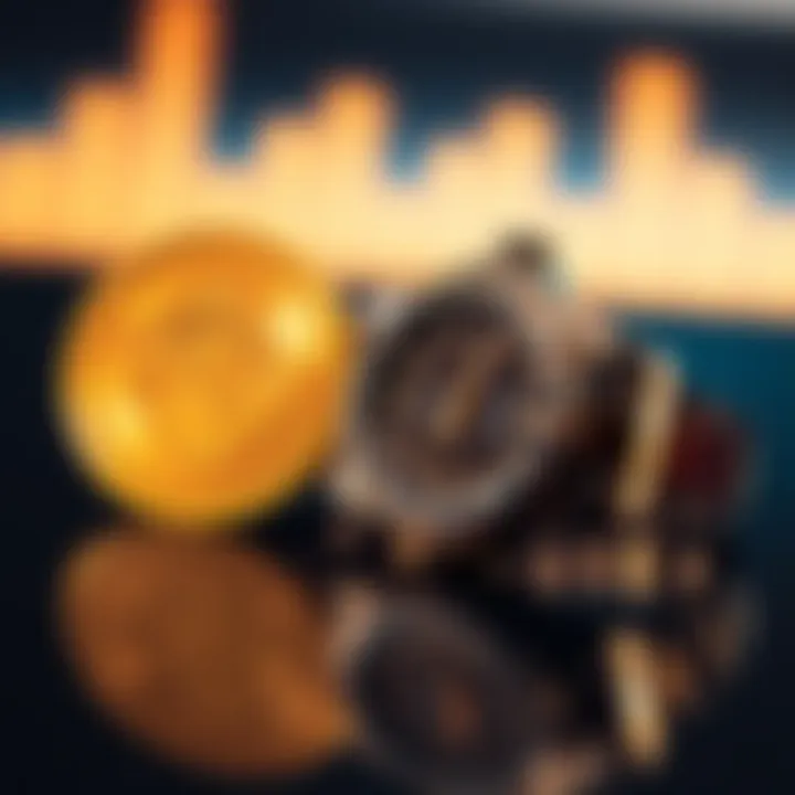 A luxury Rolex watch placed next to a Bitcoin symbol, representing investment choices.