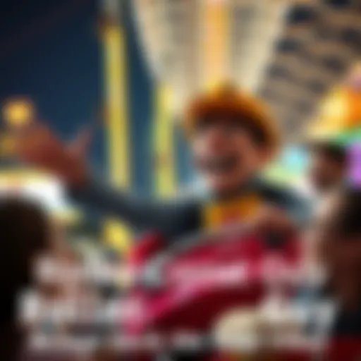 A cheerful character, dressed as a roller coaster, interacts with happy people at an amusement park, spreading smiles and laughter.