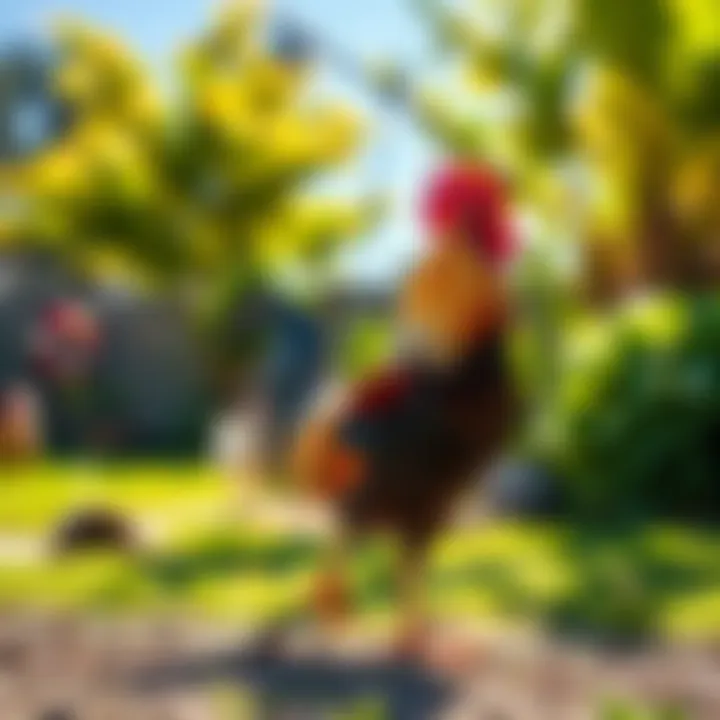 A rooster standing proudly in a sunny yard, announcing a new day with its crowing, symbolizing freedom and new beginnings.