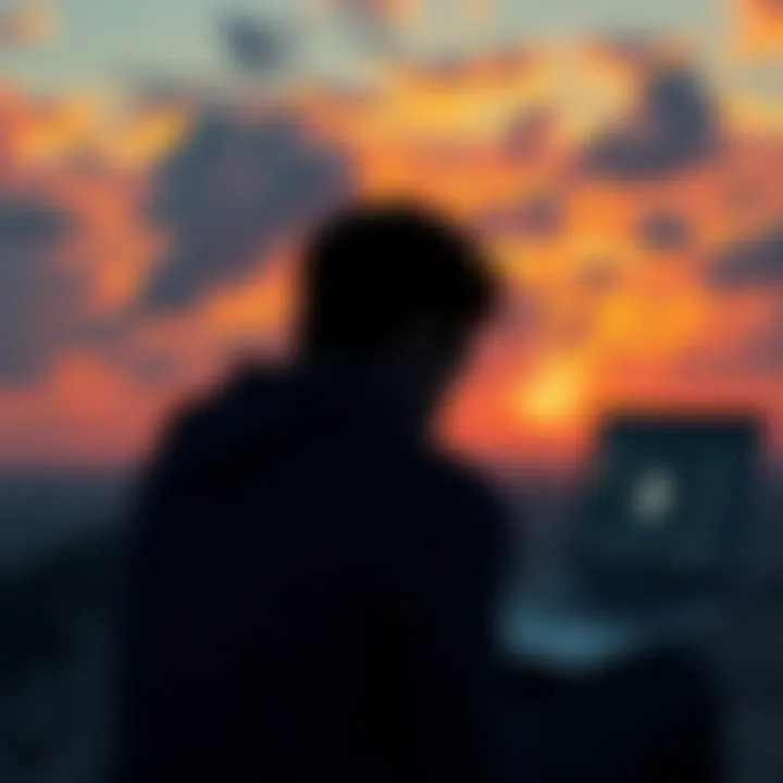 A person looking pensively at a laptop with cryptocurrency symbols on the screen and a sunset in the background, symbolizing the departure from the crypto world.