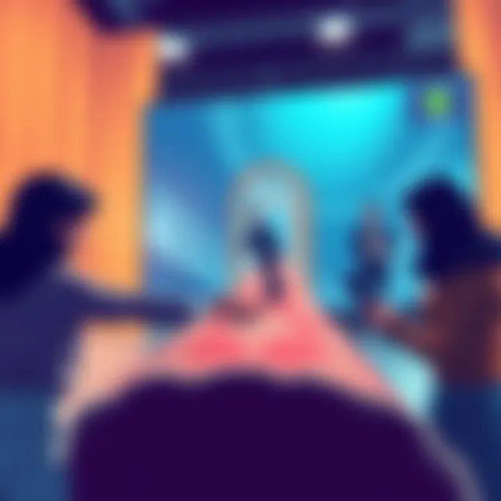 A graphic showing people exchanging money while looking at a digital screen that displays a rug being pulled away, symbolizing scams