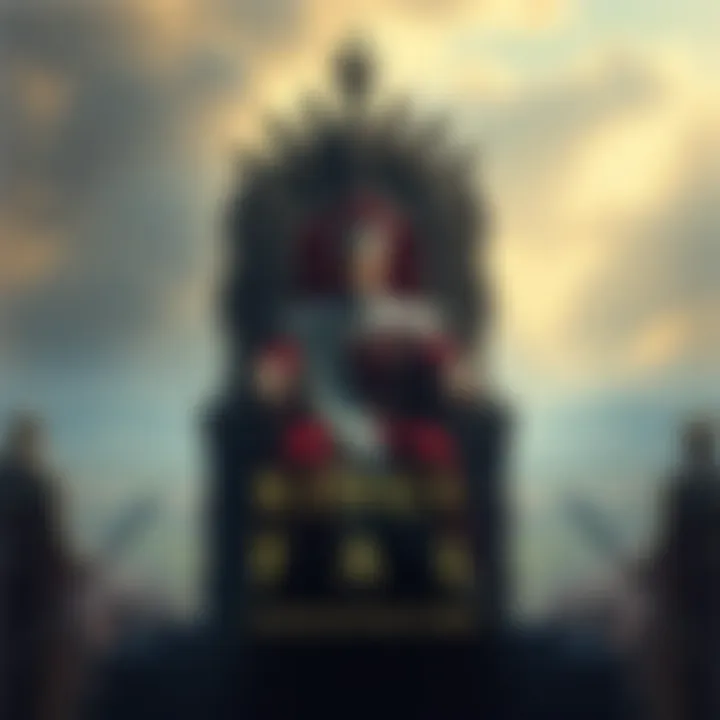 A powerful king seated on a grand throne, displaying both strength and vulnerability, overlooking a vast kingdom.