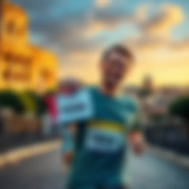 Runner preparing for Rome marathon A dedicated runner happily holding a registration badge for the Rome marathon while standing in front of a scenic view of Rome.