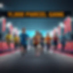 A group of people racing towards a finish line with determination and enthusiasm, symbolizing the journey to reach the 10k goal.