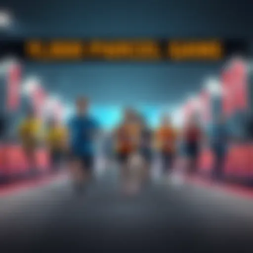 A group of people racing towards a finish line with determination and enthusiasm, symbolizing the journey to reach the 10k goal.