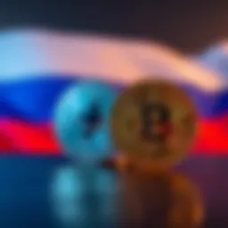 A visual representation of Bitcoin and Ethereum coins with the Russian flag in the background, indicating Russia's acceptance of these cryptocurrencies as collateral.