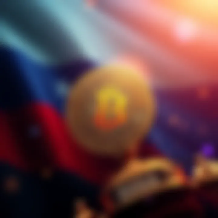 A visual representation of Russia adopting cryptocurrency laws, featuring a digital token graphic and the Russian flag in the background.