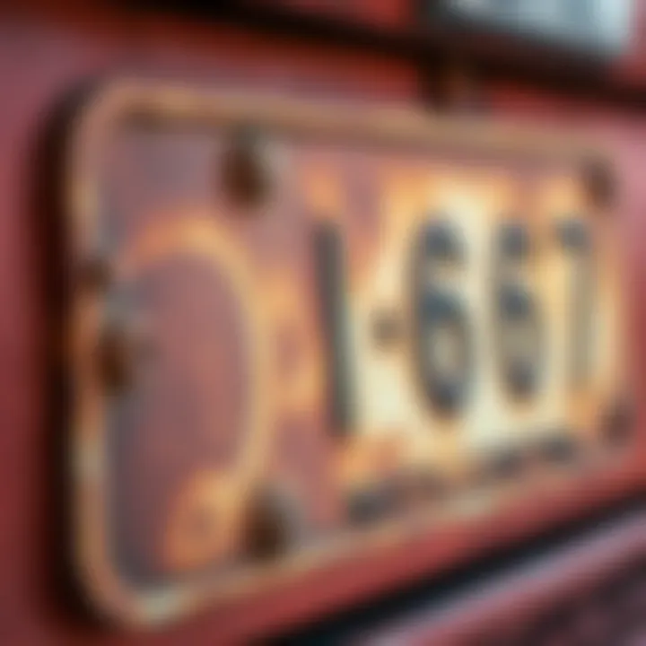 Close-up of a rusted identification plate found on an old vehicle, with faded letters and numbers visible