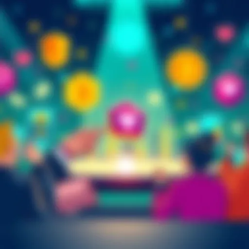 An illustration showing a digital tipping mechanism in social media with vibrant icons representing content creators and supporters exchanging tips.