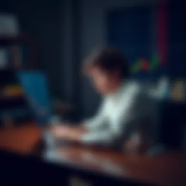 A person sitting at a desk with a laptop, looking disappointed while glancing at a Bitcoin chart on the screen, symbolizing financial struggle.