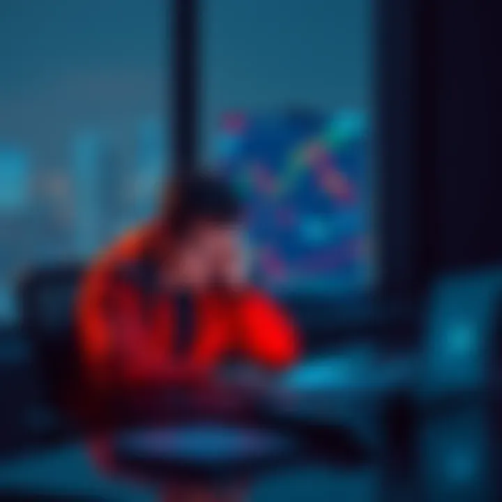 Sad person looking at crypto charts A person sitting at a desk, looking disappointed while viewing cryptocurrency charts on a laptop, reflecting struggles with crypto investing