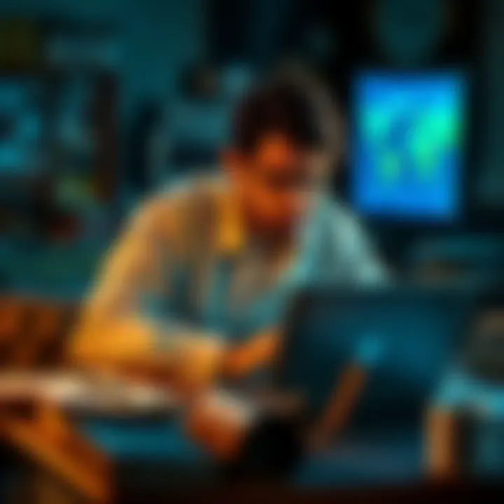 A trader sits at a desk with a laptop, looking disappointed while checking an old crypto wallet, surrounded by old photos and empty coffee cups.