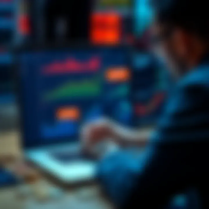 A person analyzing charts and graphs related to yield farming in DeFi on a laptop, with digital currency icons around.