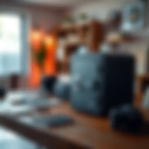 A close-up of the Safe5 product placed on a wooden table with some accessories around it, showcasing its design and features.