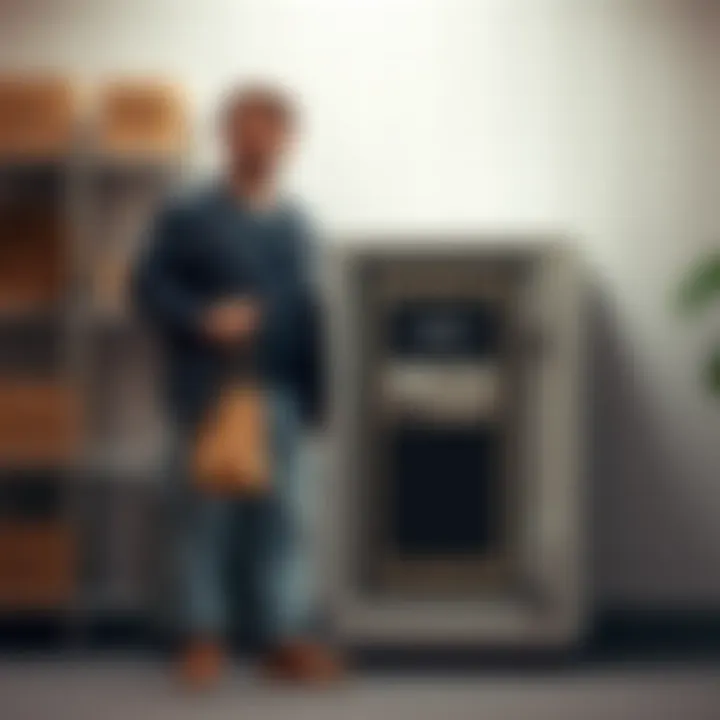 A customer stands proudly next to their newly upgraded Safe 7, showcasing its sturdy design and thoughtful packaging.