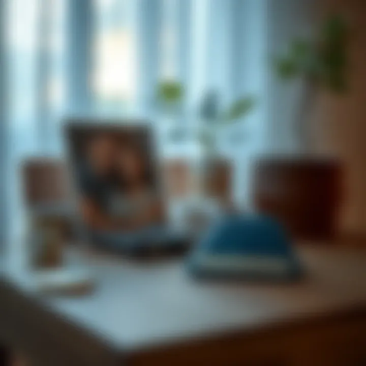 A Trezor wallet placed on a table alongside a family photo and a plant, representing safe storage at a friend's house.