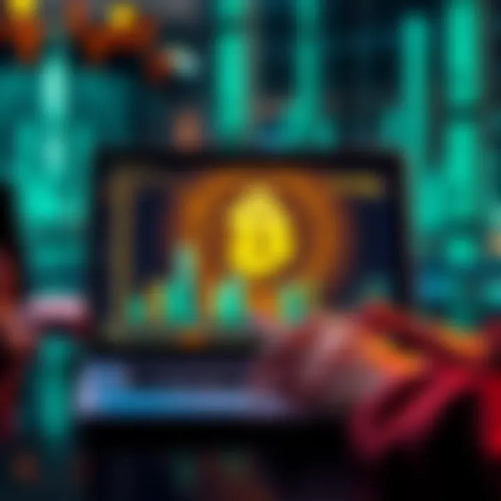 Safe Bitcoin Storage A person using a laptop to access a secure online exchange for Bitcoin storage, with a lock symbol on the screen indicating security measures.