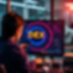 A person inspecting a computer screen displaying a DEX aggregator platform, with security symbols around it