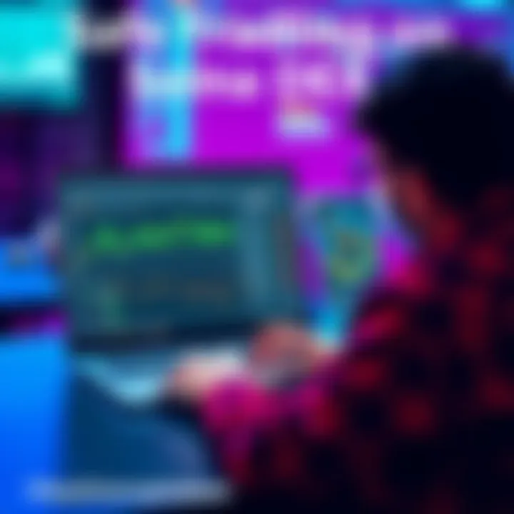 A beginner using a laptop to trade on a Solana decentralized exchange platform, with graphs and a checklist on the screen highlighting safety and low fees.