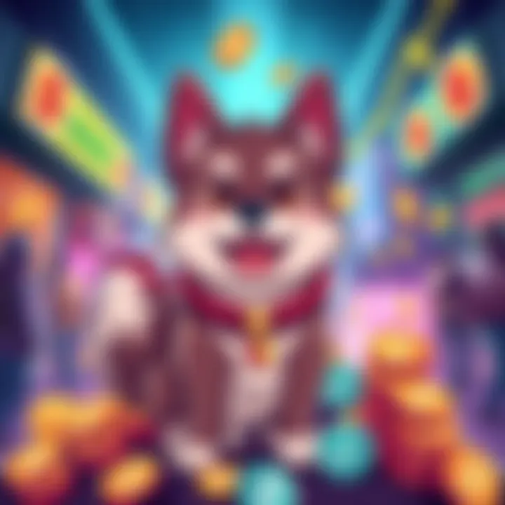 A vibrant illustration of the $SAIKO Inu token mascot, a playful dog with a determined expression, surrounded by coins and symbols of decentralization, showcasing community support in a bustling marke...