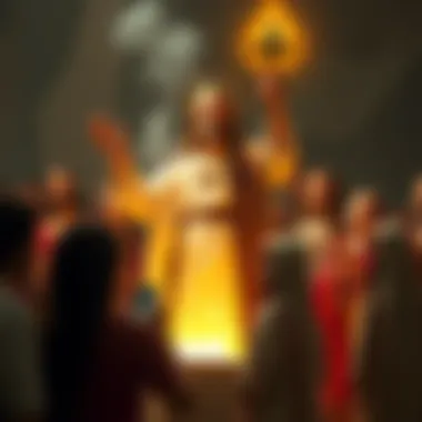 Saint Saylot Performing Miracles Saint Saylot shown performing a miracle, surrounded by amazed people witnessing the event.