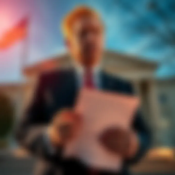 Sam Bankman-Fried stands outside a courthouse, looking determined while holding a document addressed to Donald Trump asking for a pardon after his conviction.