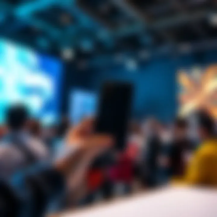 A new Samsung smartphone being showcased at an event with audience members in the background.