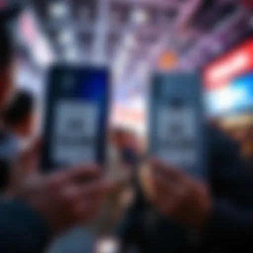 A side-by-side comparison of Samsung Ultra and the latest iPhone showing price tags, with a frustrated user looking on.