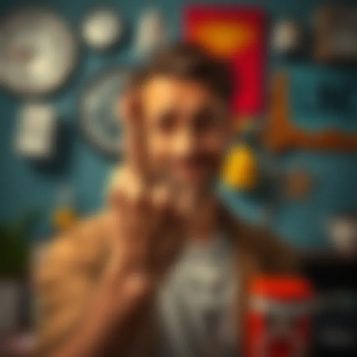 A person holding up their middle finger with a smirk, surrounded by everyday objects that represent mundane life.