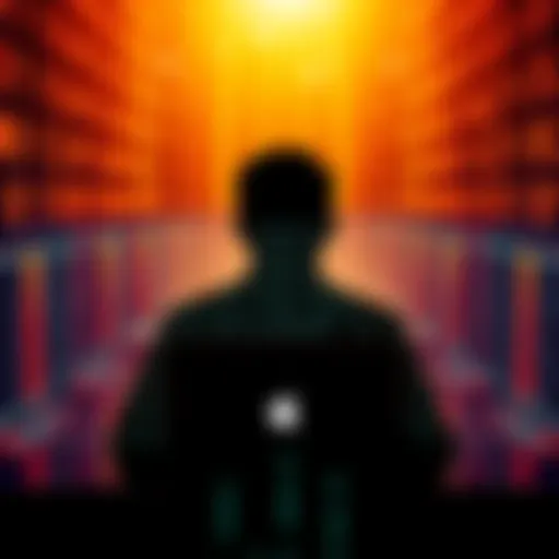 A silhouette of a person with a laptop, surrounded by digital codes and cryptographic symbols, representing the identity of Satoshi Nakamoto.