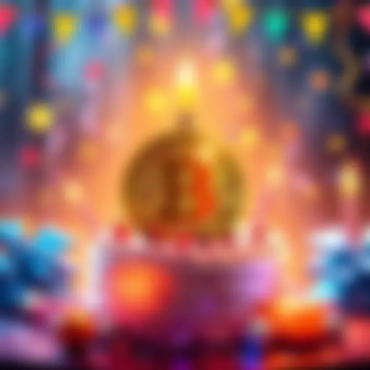 A festive graphic illustrating a Bitcoin cake with the Bitcoin logo, surrounded by party decorations.