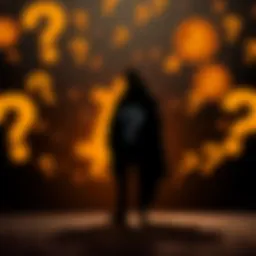 A silhouette of a person standing against a backdrop of Bitcoin symbols, surrounded by question marks to represent the debate about Satoshi's identity.