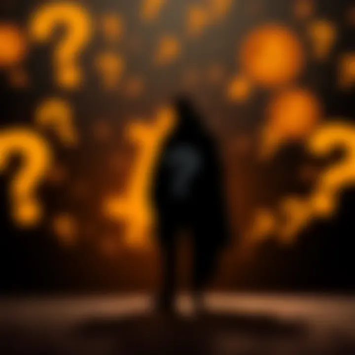 A silhouette of a person standing against a backdrop of Bitcoin symbols, surrounded by question marks to represent the debate about Satoshi's identity.