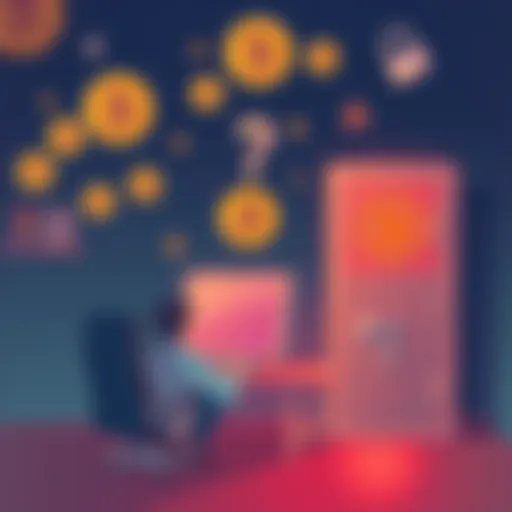 Illustration of a person sitting at a computer looking confused, surrounded by Bitcoin symbols and a locked safe, representing Satoshi Nakamoto's forgotten seed phrase.