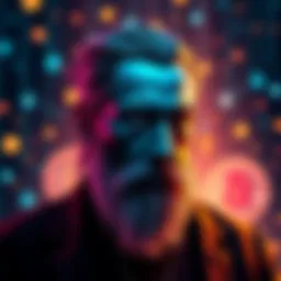 Satoshi Nakamoto Symbol An artistic representation of Satoshi Nakamoto with digital currency symbols in the background.