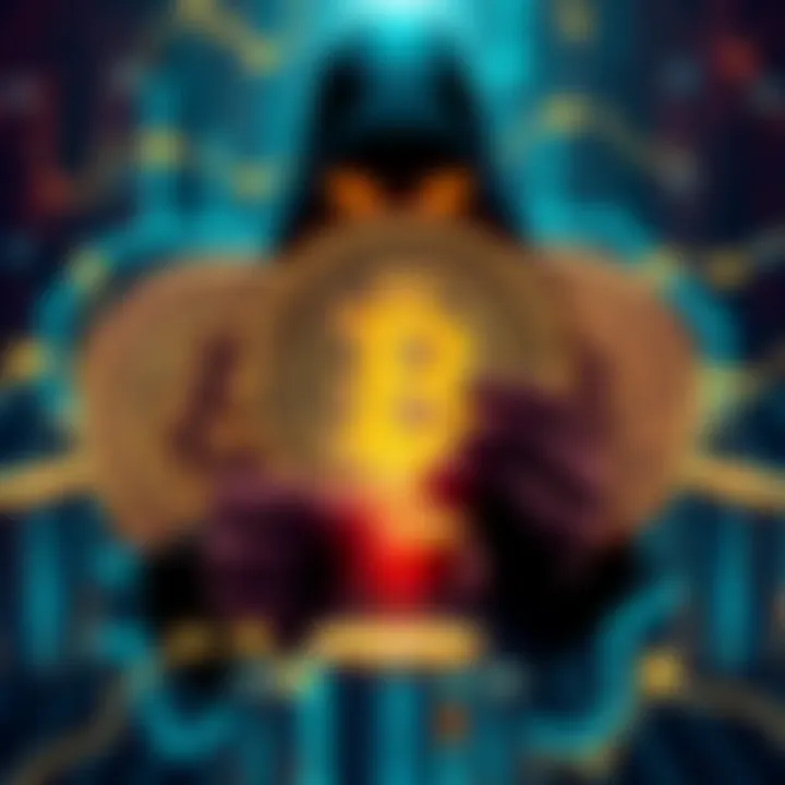 Satoshi Nakamoto Bitcoin Legacy An illustration of Bitcoin coins and a shadowy figure representing Satoshi Nakamoto's mysterious identity, with digital elements in the background.