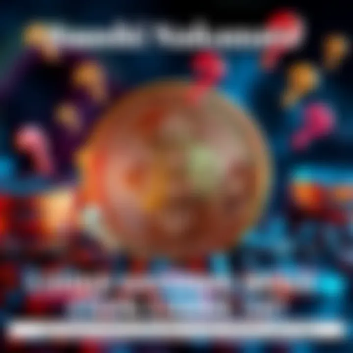 A graphic representation of a cryptocurrency coin with question marks floating around, symbolizing speculation around Satoshi Nakamoto's potential coin movement.