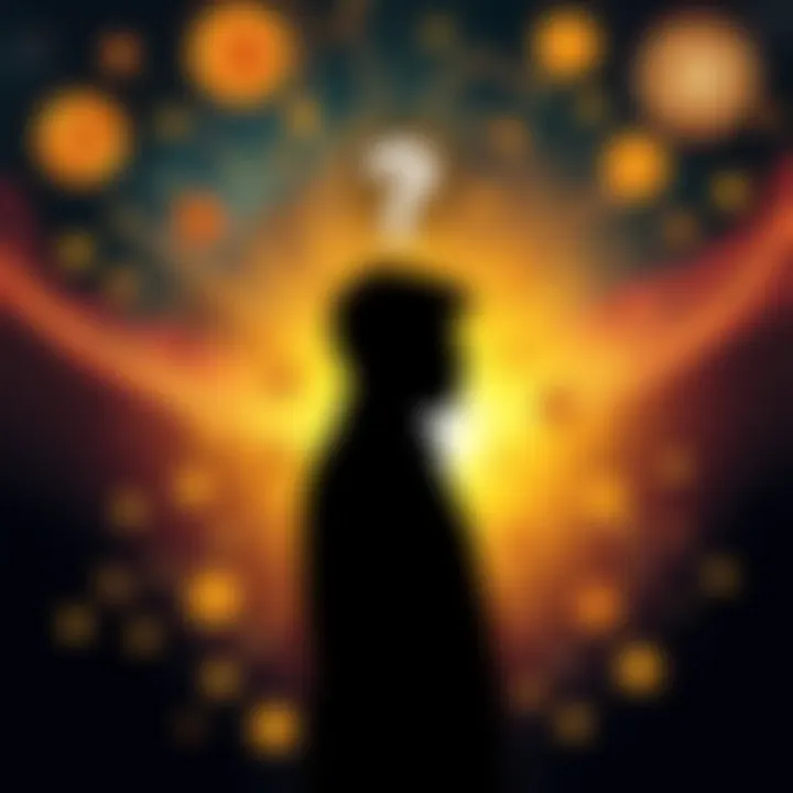 A silhouette of a person with a question mark above their head, symbolizing the unknown identity of Bitcoin's creator, surrounded by digital currency symbols.