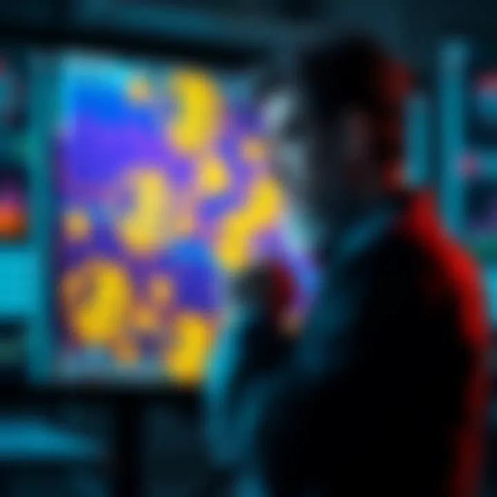 A person representing Satoshi Nakamoto looking at a screen with digital currency symbols, contemplating the future of money.