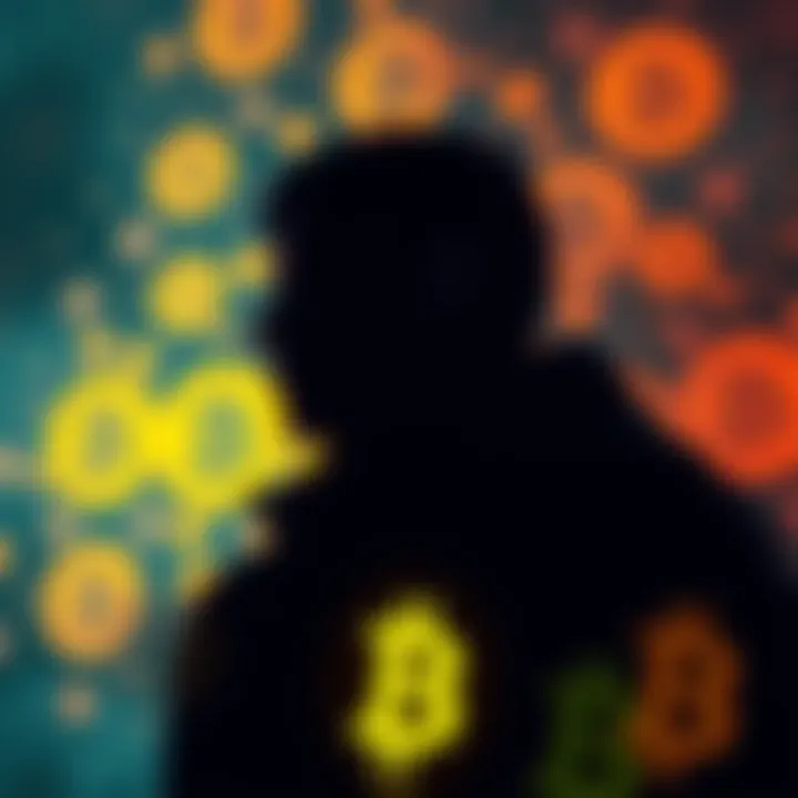 A shadowy figure surrounded by Bitcoin symbols, representing the search for Satoshi Nakamoto's identity.