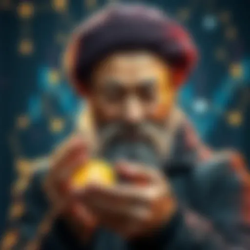 An artistic representation of Satoshi Nakamoto preparing to move Bitcoin, with digital coins and a blockchain backdrop.