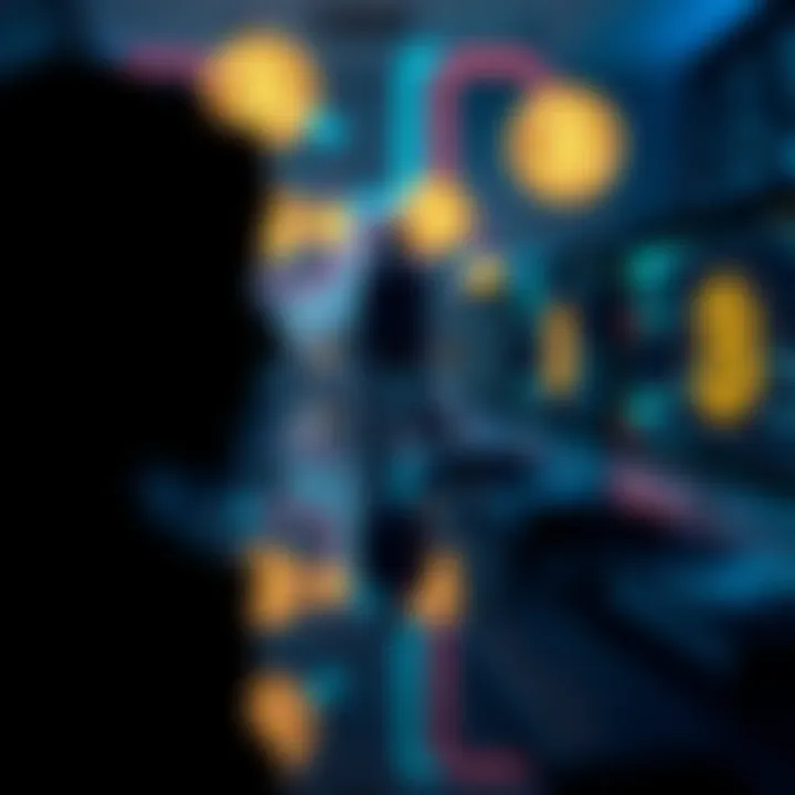 A silhouette of a person in front of computer screens displaying Bitcoin symbols, symbolizing Satoshi's anonymity and the early days of Bitcoin.