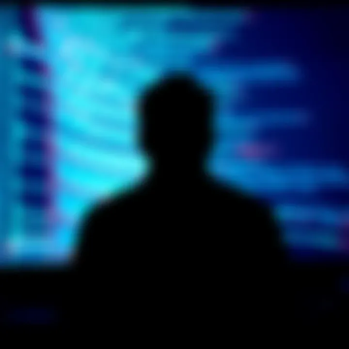 A silhouette of a person sitting in front of a computer screen with code, symbolizing the secretive identity of Satoshi Nakamoto.