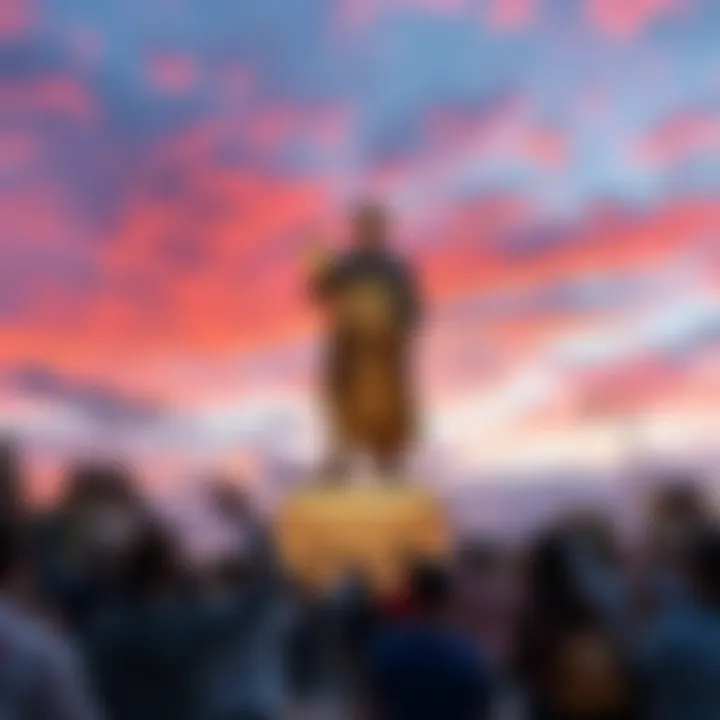 A newly revealed statue of Satoshi Nakamoto, symbolizing Bitcoin's creation, stands in El Zonte, surrounded by people celebrating its significance.