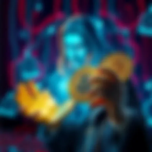 A figure representing Satoshi Nakamoto holding ZEC coins with a digital background symbolizing blockchain and cybersecurity