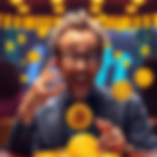 Satoshi Seinfeld in Buttcoin Show Satoshi Seinfeld humorously promoting the fictional cryptocurrency 'Buttcoin' with a playful expression and crypto symbols around him