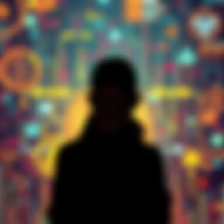 Silhouette of a figure with a Bitcoin symbol A shadowy figure stands against a backdrop of digital symbols and cryptocurrency graphics, representing the elusive identity of Satoshi Nakamoto.