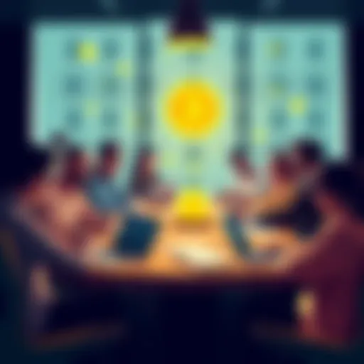 A group of diverse people sitting around a table, discussing Bitcoin and its creator, Satoshi, with laptops and notes spread out.
