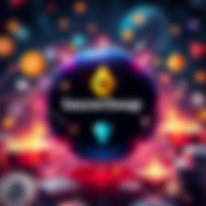 The logo of SaucerSwap surrounded by digital assets and cryptocurrency symbols, representing innovation and collaboration in the crypto space.