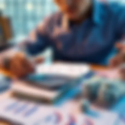 Saving for Future Success Person calculating savings with a calculator and notepad, dreaming of 18KAB, surrounded by financial books and charts.